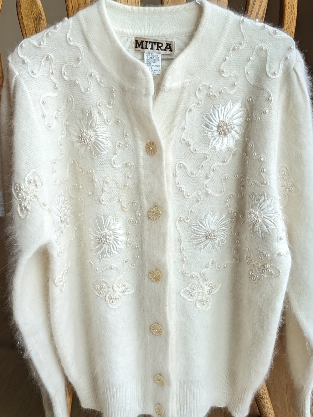 Mitra Vintage Angora Wool Blend Beaded Embroidered Cream Cardigan Sweater Size L
